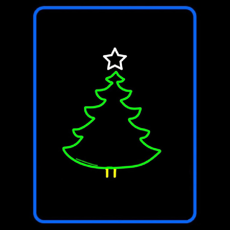 Blue Border Green Christmas Tree Logo Neontábla