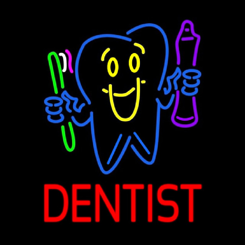 Dentist Tooth Logo With Brush And Paste Neontábla