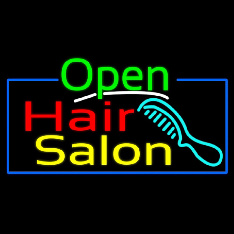 Green Open Hair Salon With Blue Border Neontábla