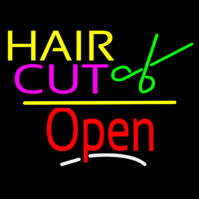 Hair Cut Logo Open Yellow Line Neontábla