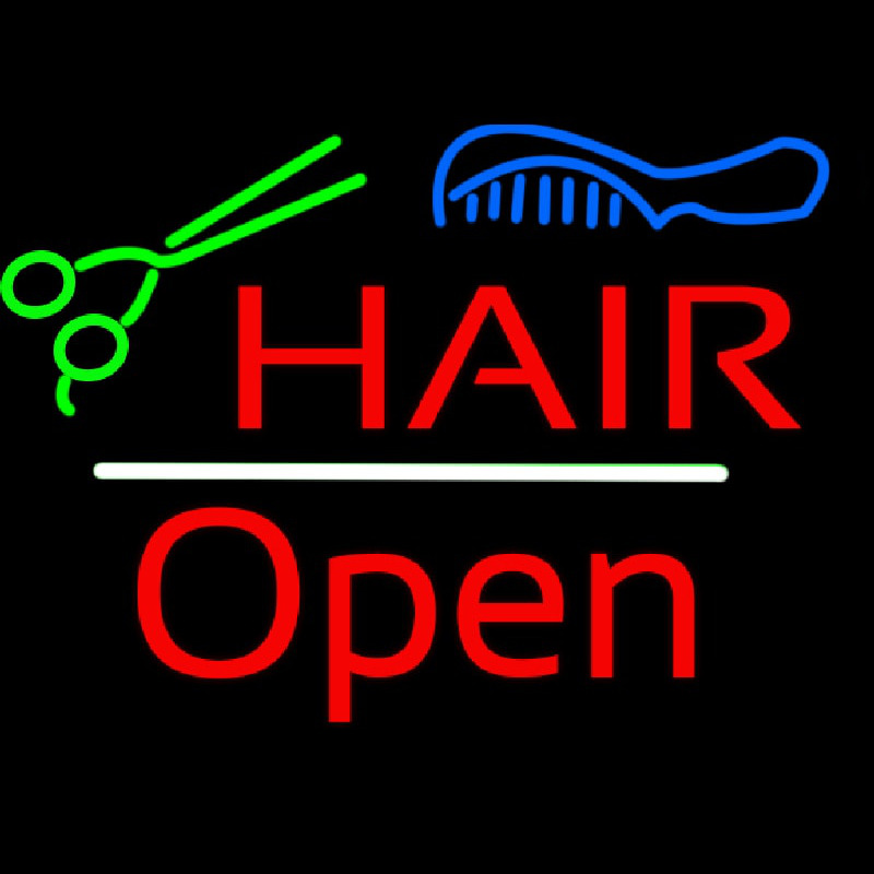 Hair Scissors Comb Open White Line Neontábla