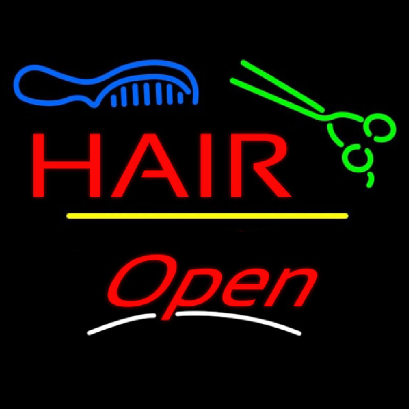 Hair Scissors Comb Open Yellow Line Neontábla