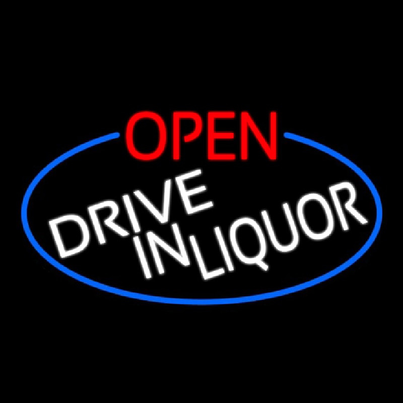 Open Drive In Liquor Oval With Blue Border Neontábla