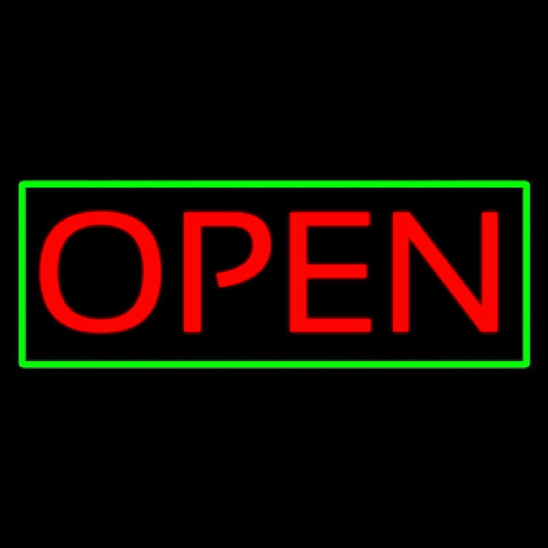 Open Horizontal Red Letters With Green Border Neontábla