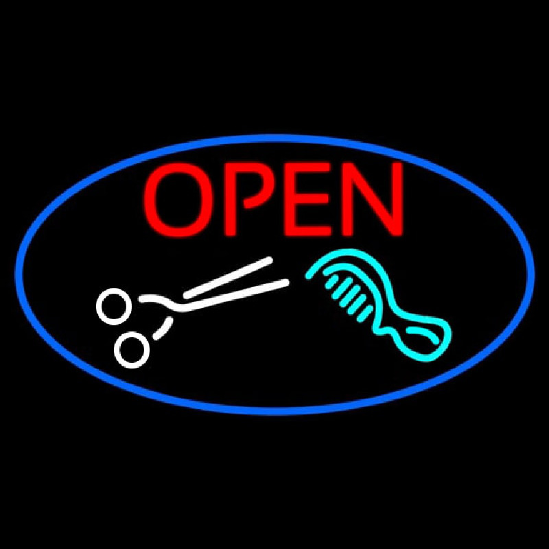 Open With Scissor And Comb Neontábla