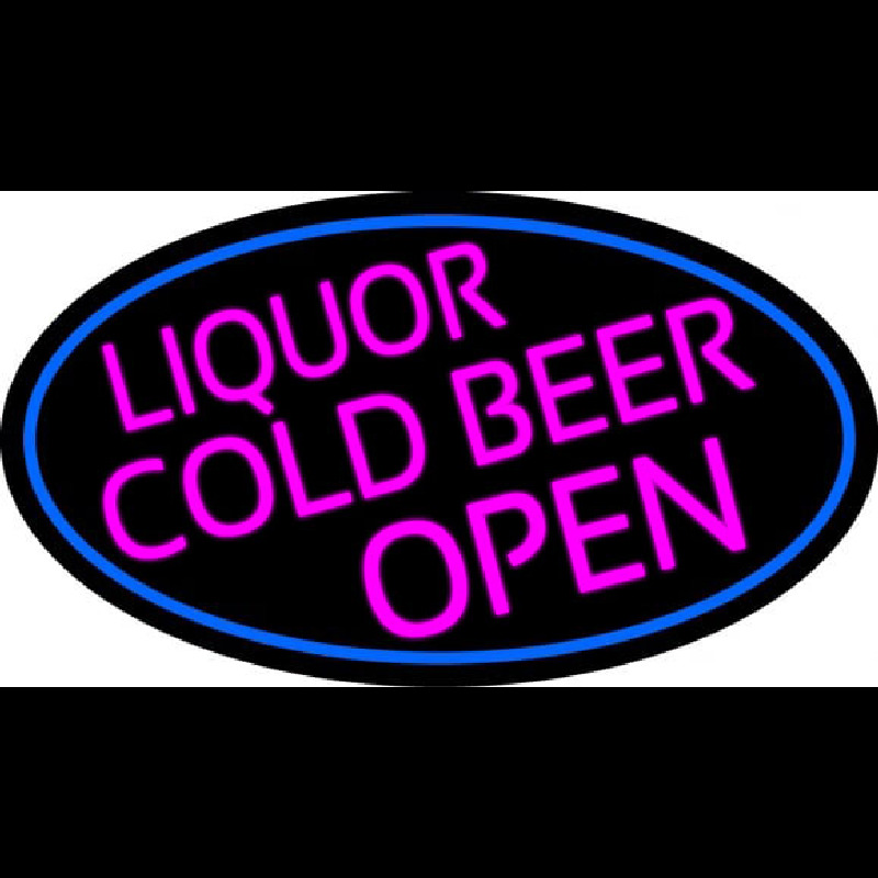 Pink Liquors Cold Beer Open Oval With Blue Border Neontábla