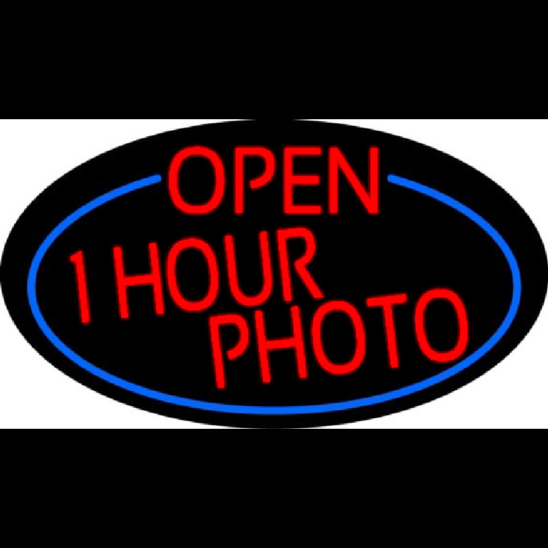 Red Open One Hour Photo Oval With Blue Border Neontábla