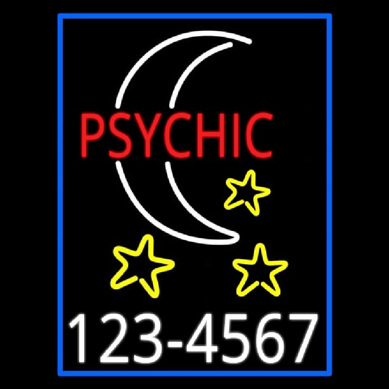 Red Psychic White Logo Phone Number Blue Border Neontábla