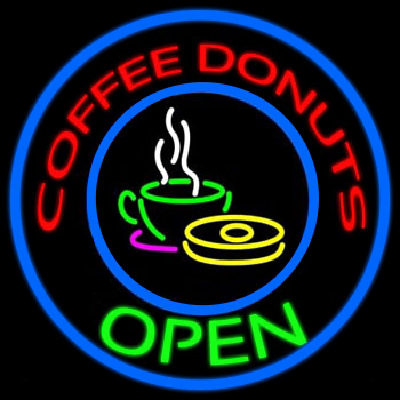 Round Red Coffee Donuts Open Neontábla