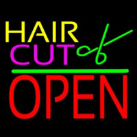 Hair Cut Logo Block Open Green Line Neontábla