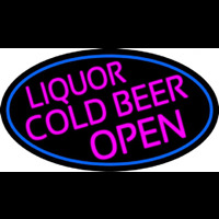 Pink Liquors Cold Beer Open Oval With Blue Border Neontábla