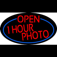 Red Open One Hour Photo Oval With Blue Border Neontábla